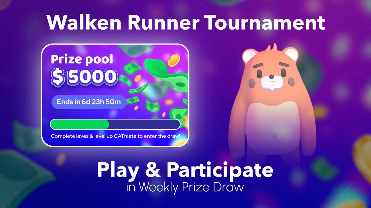 🏆 Walken Runner: Weekly Tournaments with USDT Prizes 
We're excited to announce the launch of weekly Walken Runner Tournaments 🚀 with USDT prizes up for grabs among randomly selected participants! 😺

🗓 Monday, May 8
💵 5000 USDT prize pool

More: t.me/walken_channel…