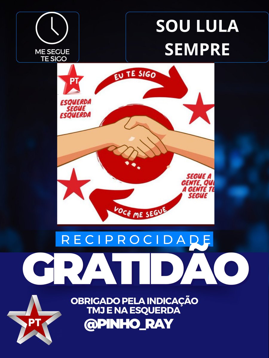 ESQUERDISTAS PETISTAS
DE CORAÇÃO.
<a href="/pinho_ray/">Ray Pinho ☻</a>  SDV
<a href="/RobsonJB/">罗布森 Robson Belli, Petista e Lula sempre...</a>  SDV
<a href="/IveteCardoso14/">@ivecar</a>  SDV
@Angelicagbk  SDV
@gustavoamanda81  SDV
@Gilvani_31  SDV
<a href="/rayzedmar/">Rayzed</a>  SDV
<a href="/marcia_hmc/">MarciaH</a>  SDV
<a href="/roseayla01/">•*♪🤍♪.•*˜”*°•.• Ayla Go Vegan •°*”˜.•*♪🤍♪.•*</a>  SDV
<a href="/Marcelusbraga7/">marcelus comunista Braga</a>  SDV
<a href="/celsotenorio/">@celso.Brazil🦋🦋🇹🇷🇹🇷🇸 #celsotenoriofollowers</a>  SDV