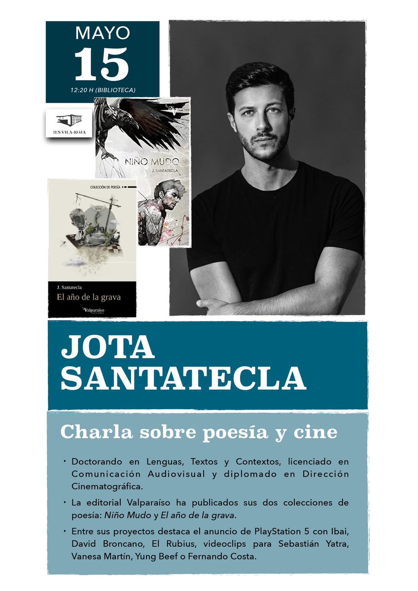 📚📽️ Cine, poesía y mucho arte. La próxima semana tendremos en el IES Vila-roja a @jotasantatecla. ¡Te esperamos con mucha ilusión!