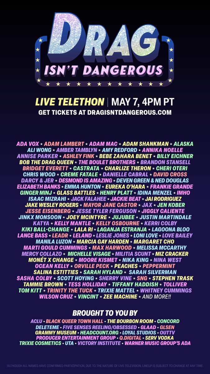Today at 4pm PT, all of these incredible people will join together to raise money for the <a href="/ACLU/">ACLU</a>'s Drag Defense fund, including <a href="/BeBeZaharaBenet/">BeBe Zahara Benet</a>, star of <a href="/beingbebemovie/">BEING BEBE | The BeBe Zahara Benet Documentary</a>! Visit dragisntdangerous.com to grab your tickets for this online telethon! #DragIsntDangerous #DragMatters