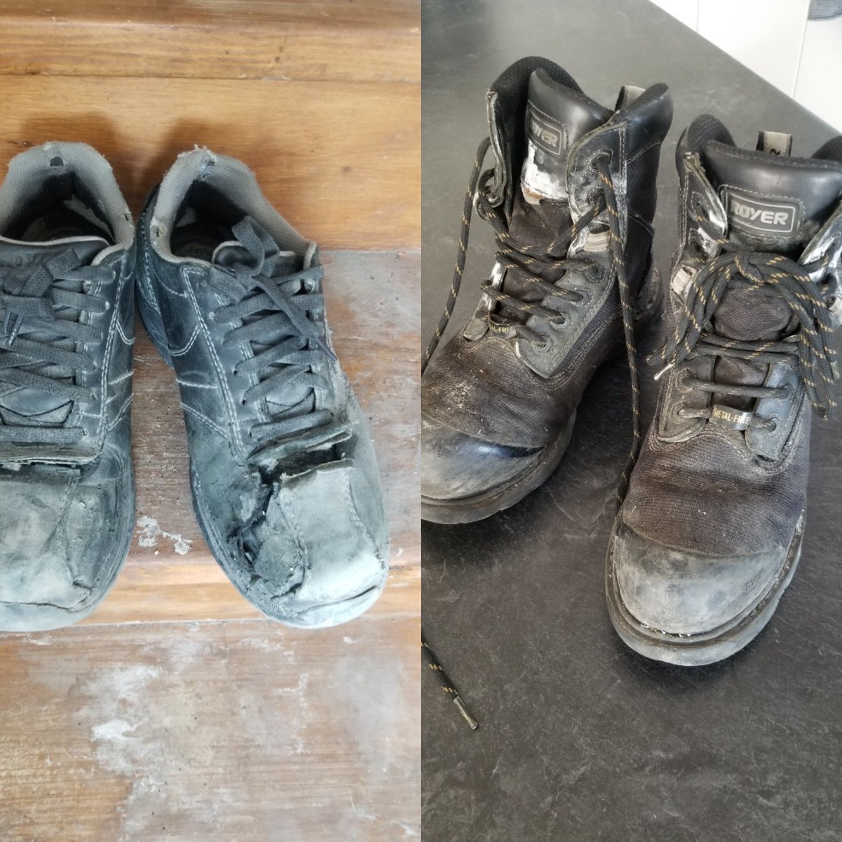 Time to retire the ole #CanadianMade #Royer shoes... after only *1* year at a relatively clean indoor job?? #WindowFactory

Versus the TWO years I wore these boots at a #shitshow of an indoor/outdoor job... #TireRecycling.

#RoyerWorkBoots 100% recommend.

Their shoes... hmm.