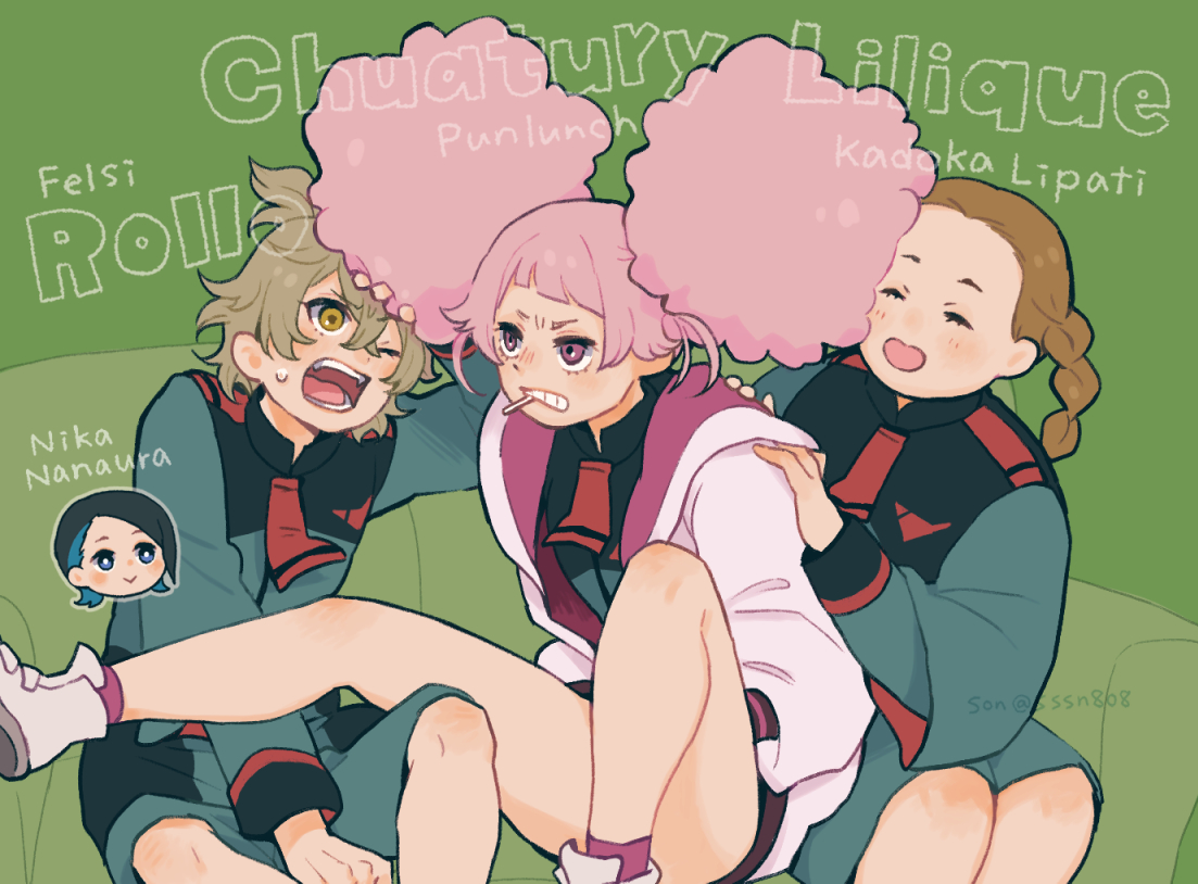 multiple girls asticassia school uniform school uniform pink hair brown hair shorts braid  illustration images