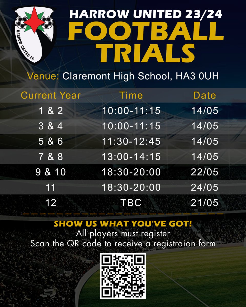 Don't miss out ‼️ Trials begin next week ⚽⚽⚽

Scan the QR code to register!

#football #footballtrials #wembley #harrow #brent #sundayleague #sundayleaguetrials #grassrootsfootball