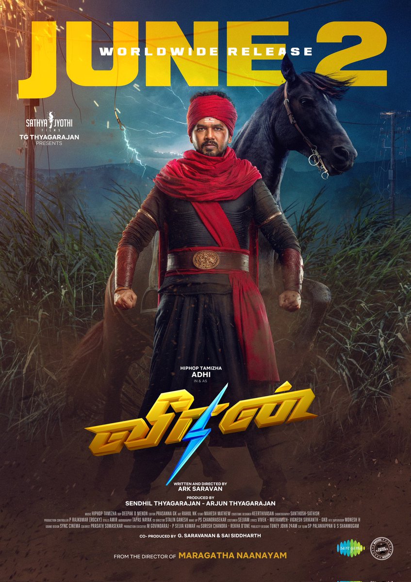 We bring you the ' Tamil Super Hero Story ' #Veeran , releasing on JUNE 2nd in Theatres worldwide ⚡💥 Tamilnadu Theatrical Release by @SakthiFilmFctry #VeeranOnJUNE2nd @hiphoptamizha @ArkSaravan_Dir @VinayRai1809 @editor_prasanna @deepakdmenon @saregamasouth @PrimeVideoIN