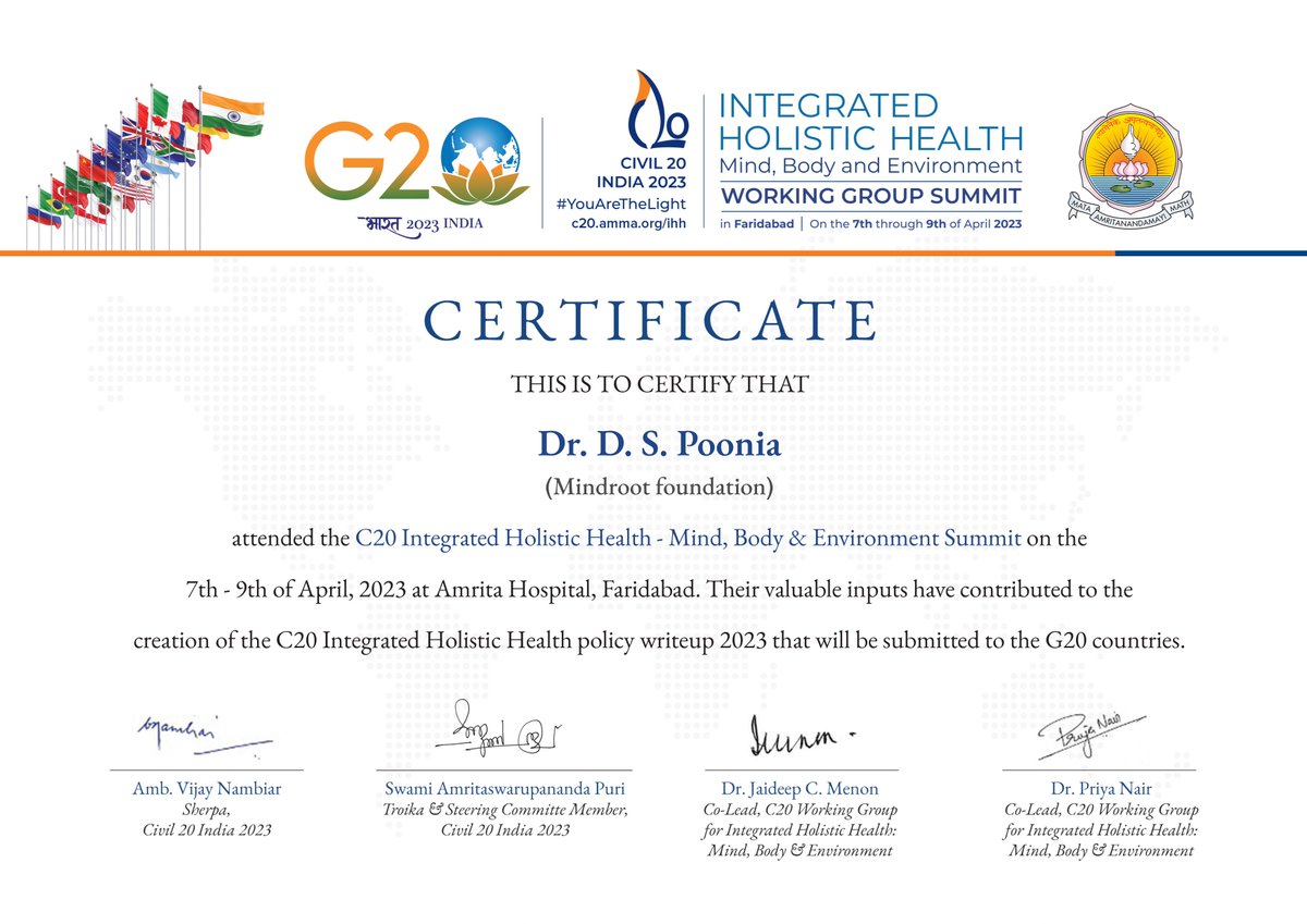 mindroot_india's tweet photo. Received a certificate of appreciation for his contribution to the C20 Integrated Holistic Health - Mind, Body & Environment Summit #mentalhealth #mentalhealthawareness #leadership #work #experience #healthcare #india #g20india #mindrootfoundation https://t.co/rNI1S3m8ZK