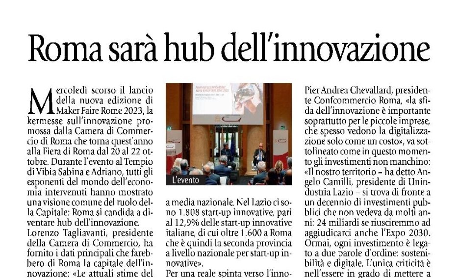 "Roma Hub dell'innovazione - Verso Maker Faire Rome 2023"
#innovazione
#imprese
Il pezzo odierno di <a href="/LazioSette/">LazioSette</a> 
👇