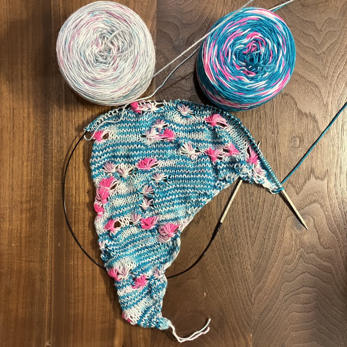 eda00's tweet image. drift shawl 編み始めました。
糸は予想図を元に手染めしました。
針　3.25mm
糸　ソックヤーン
#assignedpooling
#driftshawl
#handdyed
#knitting
#新緑kal2023