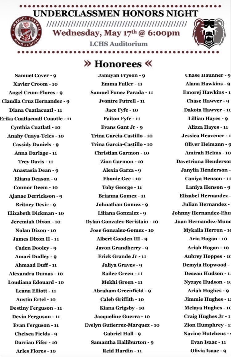 Congrats to the Underclassmen who will be honored May 17th. We are proud of you!!! 🐻🔥<a href="/LCHSBears/">Lawrence Central</a> <a href="/ltgoodnews/">LT Schools</a> <a href="/lcbearsguidance/">LC Guidance</a> <a href="/LTSFoundation/">LT School Foundation</a> <a href="/LCHSAthletics/">LCHSAthletics</a> <a href="/LTSFoundation/">LT School Foundation</a> <a href="/lcpaa/">LCPAA</a> <a href="/LCHSBAC/">LCBAC</a>