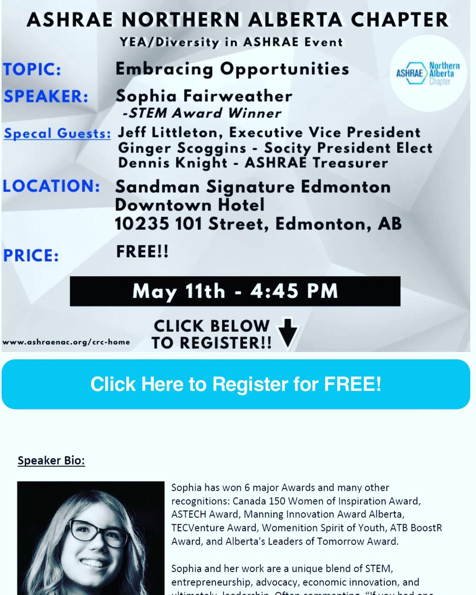 tinabee_77's tweet photo. Want to be inspired? Come join us this Thurs eve and be inspired by Sophia Fairweather โฆ. Register at link below for Free โจ
#yeg #yegdt #yegwx #yegengineering #diversity #inclusion #womeninashrae #myashrae #stem #science
@HVACSystemsWest
https://t.co/LaLDOIbbFy https://t.co/fi3XgaTr6E
