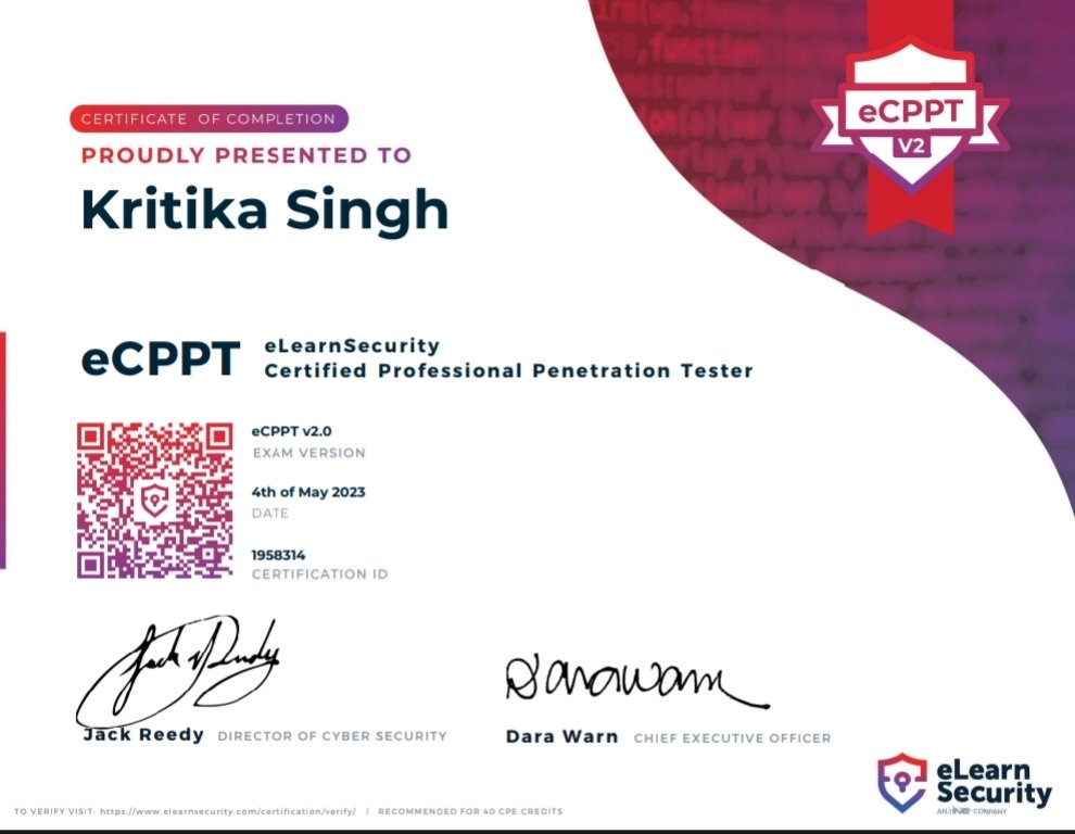 Krit_Sec's tweet image. I've Certified eCPPTv2 (eLearn CERTIFIED PROFESSIONAL PENETRATION TESTING) from @eLearnSecurity. 
I'd like to take this opportunity to thank @INE for their great content, which helped me prepare for the exam.
#elearnsecurity #Hacking #cybersecurity #learning #infosec