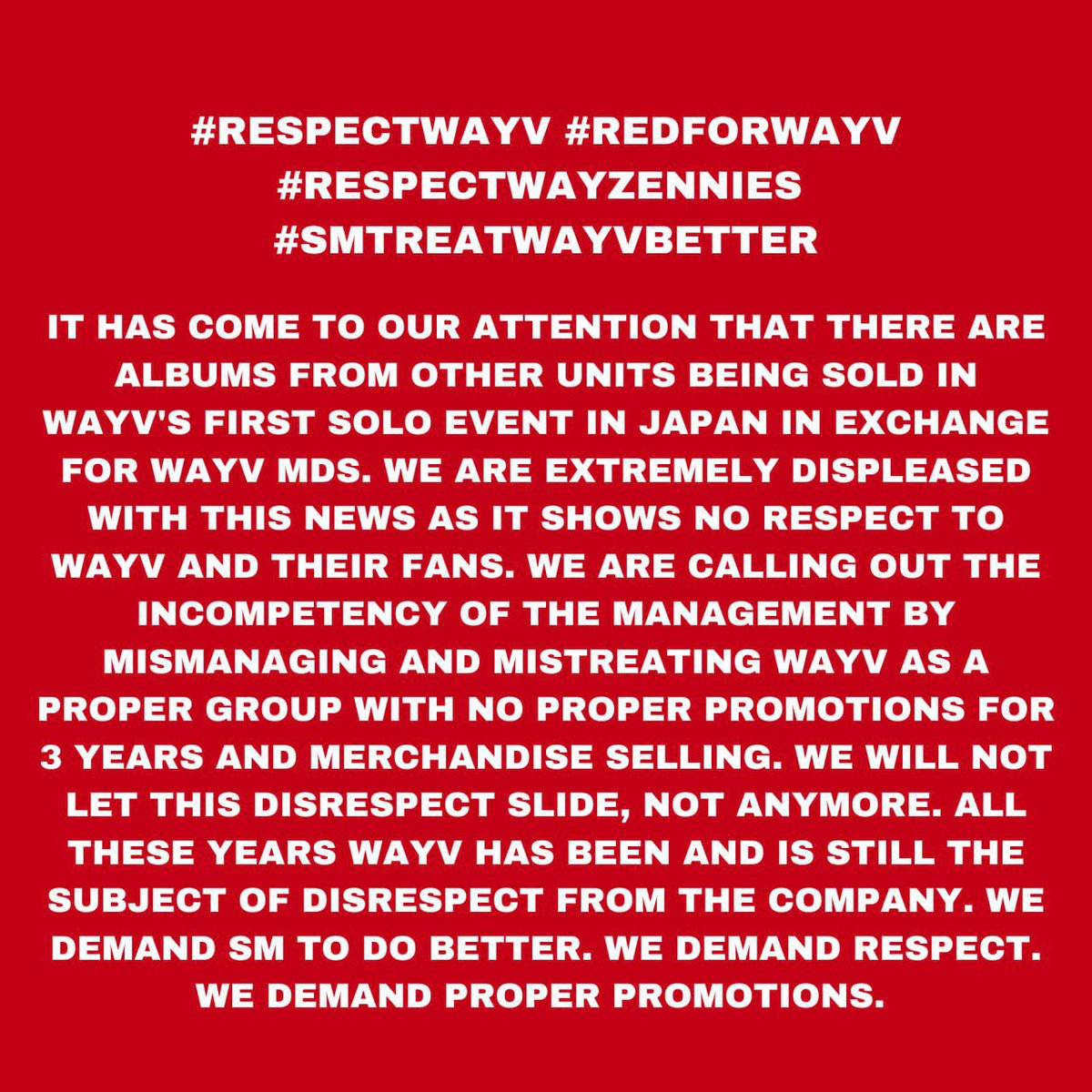 bigstaryyang's tweet photo. WE DEMAND ALBUM RESTOCK.
WE DEMAND SM TO DO BETTER.
WE DEMAND RESPECT.
WE DEMAND PROPER PROMOTIONS.
@SMTOWNGLOBAL @NCT_OFFICIAL_JP @WAYV_OFFICIAL @NCTSMTOWN
#RESPECTWAYV #REDFORWAYV #RESPECTWAYZENNIES #SMTREATWAYVBETTER https://t.co/z4LzIUkhfB