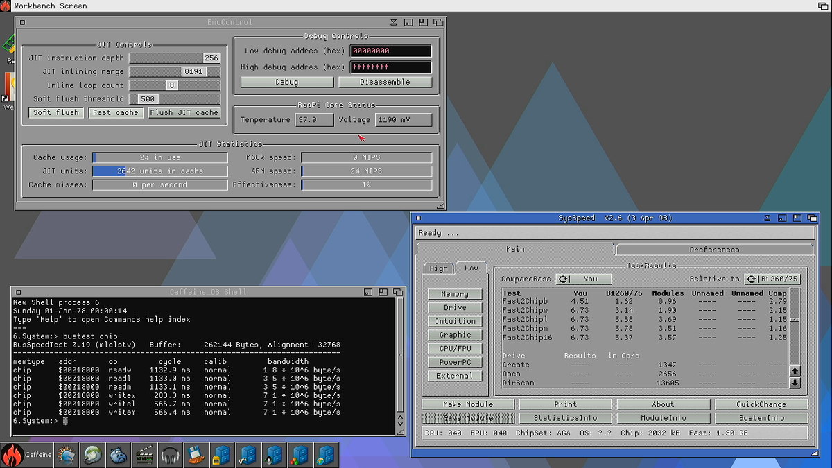 Claude1079's tweet photo. Quite a nice build of Emu68 on #Pistorm32
@niekstrom pipelined verilog, @michal_schulz 8bit write buffer, timing fixes for Rev2 Motherboards.
Chipram write speed is at the absolute possible maximum :)
Beta test image, with compiled in firmware at: https://t.co/3RLiOQM6bk https://t.co/1bGOgGjyPR