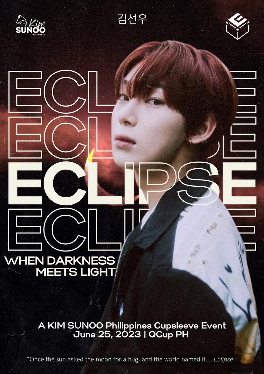 OfficialSNPH's tweet photo. Eclipse: When Darkness meets Light 
- A Kim Sunoo Birthday Cupsleeve Event 

When: June 25, 2023 (Sunday) | 2PM- 5PM
Where: QCup Philippines - West Ave., Quezon City 

Pre-registration Period: 05/07-06/04
Register here: 
https://t.co/w1w6S6fSmO https://t.co/MHVcdcRCZs