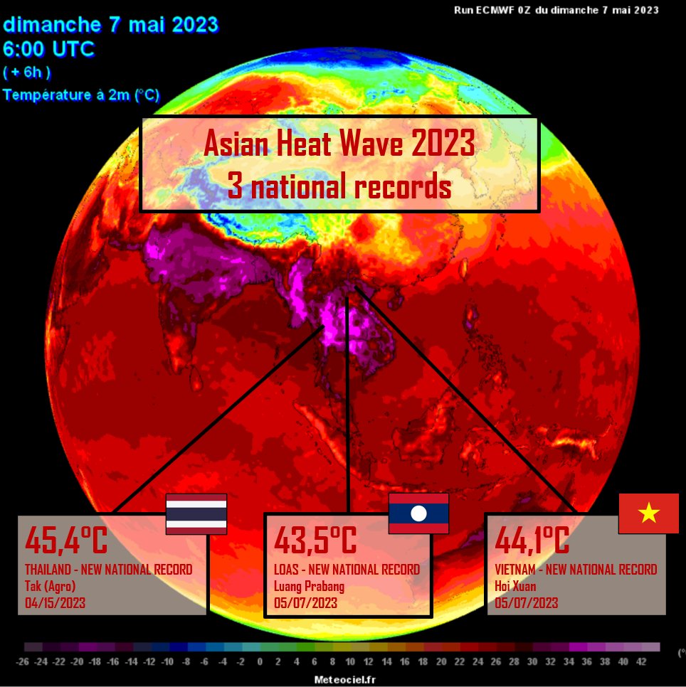 SergeZaka's tweet photo. Depuis 7 semaines, le sud-est de l'Asie vit un canicule inédite. 
➡️des centaines de records dont 3 nationaux : 45.4°C (Thaïlande), 44.1°C (Vietnam) & 43.5°C (Laos).
➡️ C'est 15°C au-dessus de la température optimale de croissance du riz (30.9°C*). Les premiers dégâts à partir de 35°C. Il y a donc un risque important d'observer des chocs thermiques sur le riz.

En 2021, 8500 ha de riz avaient été perdus. Le changement climatique accroît le risque de perte de rendement sur le riz en augmentant la probabilité d'avoir des canicules intenses durant la période de remplissage du grain de riz. Les recherches doivent s'accentuer sur des riz plus tolérant à la chaleur.

* d'après Parent et Tardieu (2012)
** fond de carte de météociel à titre illustratif. Il est très difficile de trouver des cartes météo locales.