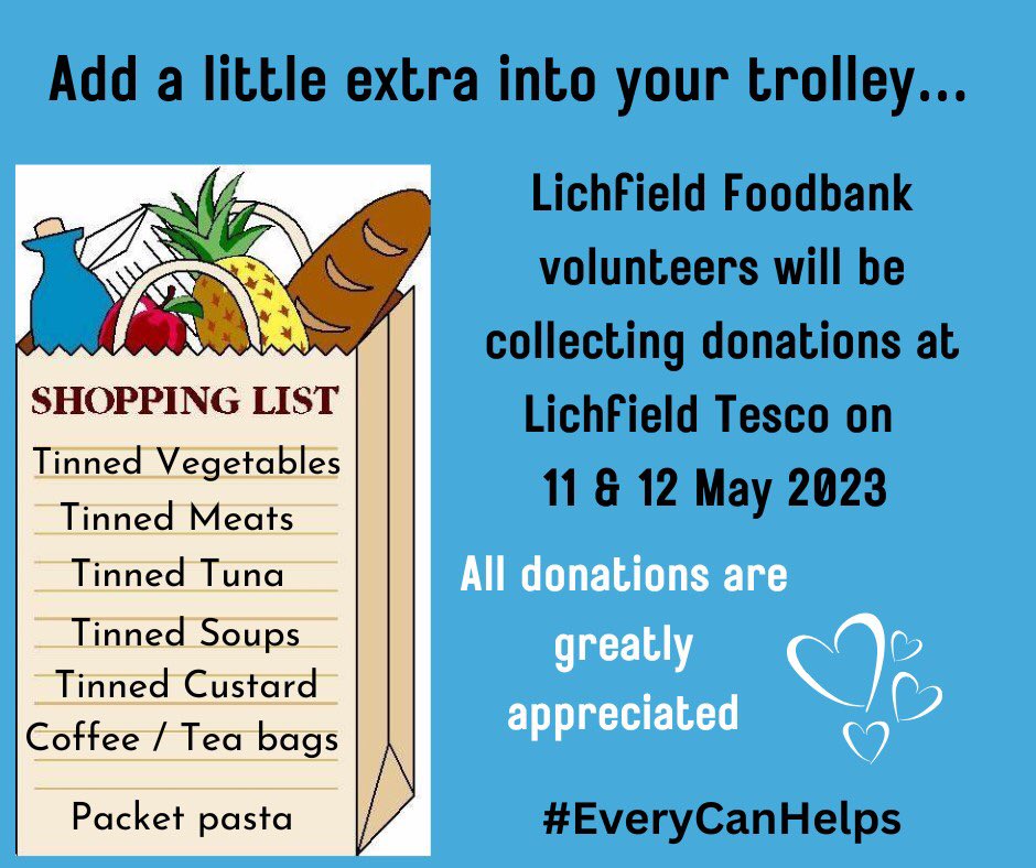 We rely on donations to provide vital help while building a future where no one needs emergency food - while we do that, your donations are vital!
Look out for us at tesco lichfield on the 11 &amp; 12 May to collect any donations - Thank You 💚 
#everycanhelps #StopUKHunger