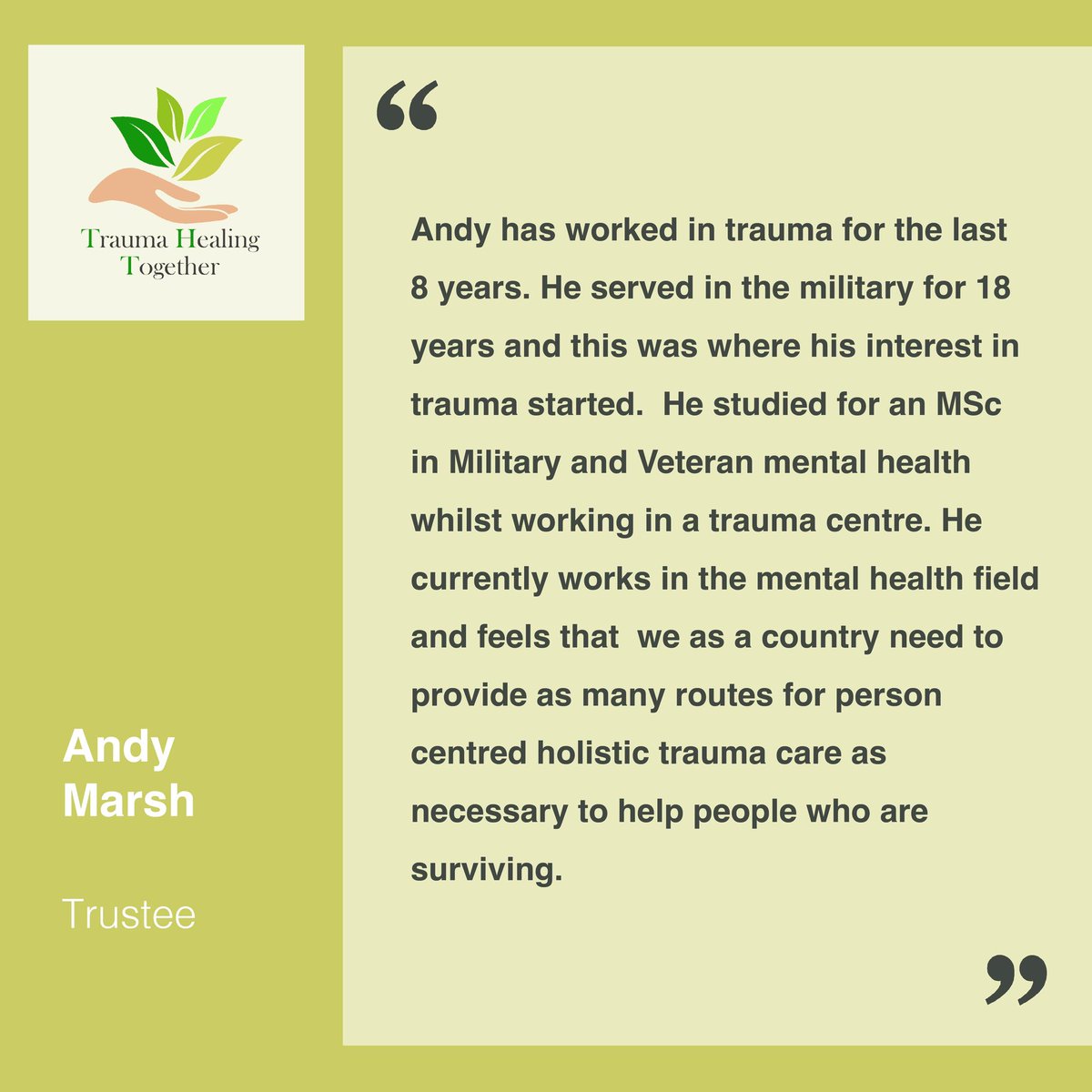 🙌 Meet the team! 🙌

Hope everyone had a wonderful weekend! Today, we’re delighted to introduce our trustee Andy Marsh to you!

#traumahealing #traumarecovery #charity #psychology #trauma #healing #healingtrauma #positivevibes #charityorganization #mentalhealth #meettheteam