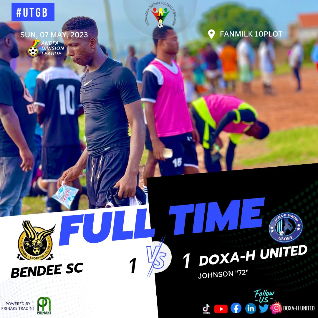 DoxahUnitedFC's tweet photo. 🔵⚪️
FULL TIME

With a connect from Johnson, we came back from a goal down @ 10 Plot Park to equalize. Points split, up to the next. 

Bendee SC 1️⃣ - 1️⃣ Doxa-H United 

#UTGB 🔥 #DoxaHUnited #AndfaDivLeague https://t.co/ykI2AFFQye