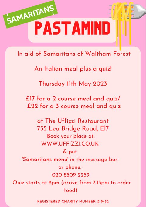 Final call, everyone: it's Pastamind time! Join us for a yummy Italian meal and our brilliant quiz with <a href="/rowanmc/">Rowan McIntyre</a> and raise some funds for our branch at the same time. Booking essential - all details underneath. Huge thanks to <a href="/deeneys/">Deeney's</a> and <a href="/StowBrothers/">Stow Brothers</a> for their support. 💚