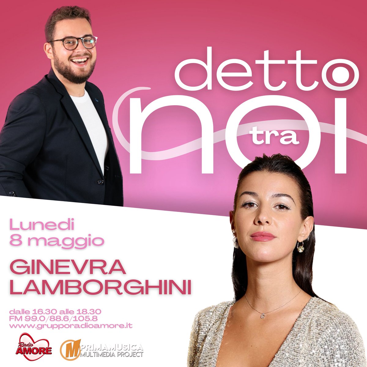 LemmoSimone's tweet photo. Domani #ginevralamborghini e #djmatrix saranno ospiti di #DettoTraNoi su #RadioAmore! Vi aspetto dalle 16.30 🎶 https://t.co/EC8qlFFtbM https://t.co/p7Izw41wQx