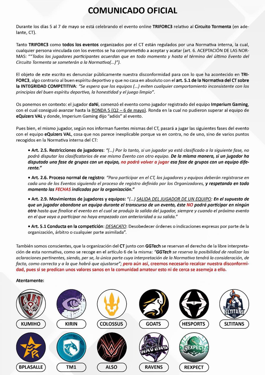 COMUNICADO OFICIAL 📝

"Por un ecosistema justo donde exista la equidad y el trato imparcial entre todas las organizaciones que la conforman."

Desde aquí pedimos amablemente que se investigue adecuadamente el caso.

<a href="/TormentaVALes/">Circuito Tormenta | VALORANT</a> <a href="/SomosLaTormenta/">Circuito Tormenta</a> @GGTECH_es <a href="/riotgames/">Riot Games</a>