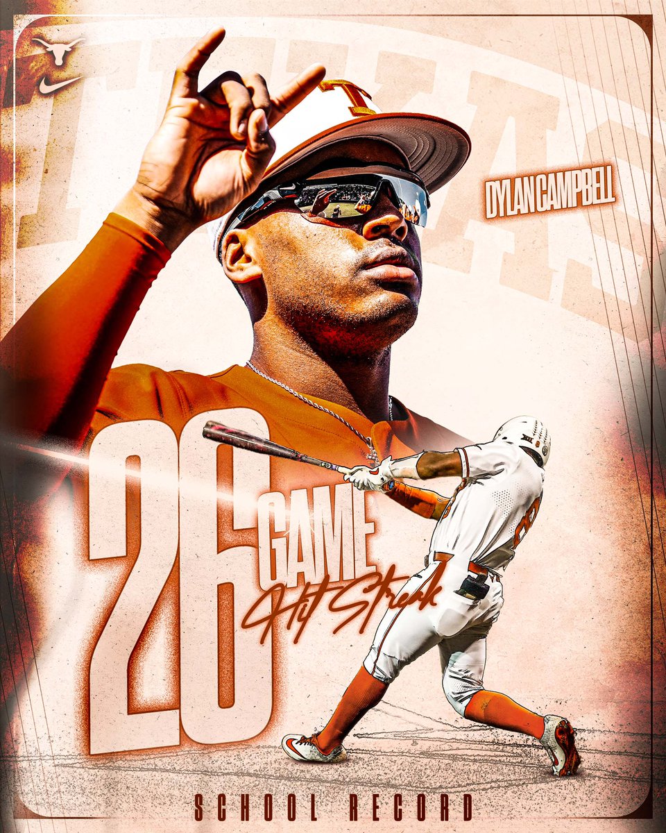 TexasBaseball's tweet photo. DC DOES IT!

A 1st inning double for @dylancamp25 extends his hitting streak to a Texas-record 26 ballgames!

#HookEm https://t.co/BSzhzrkHVn