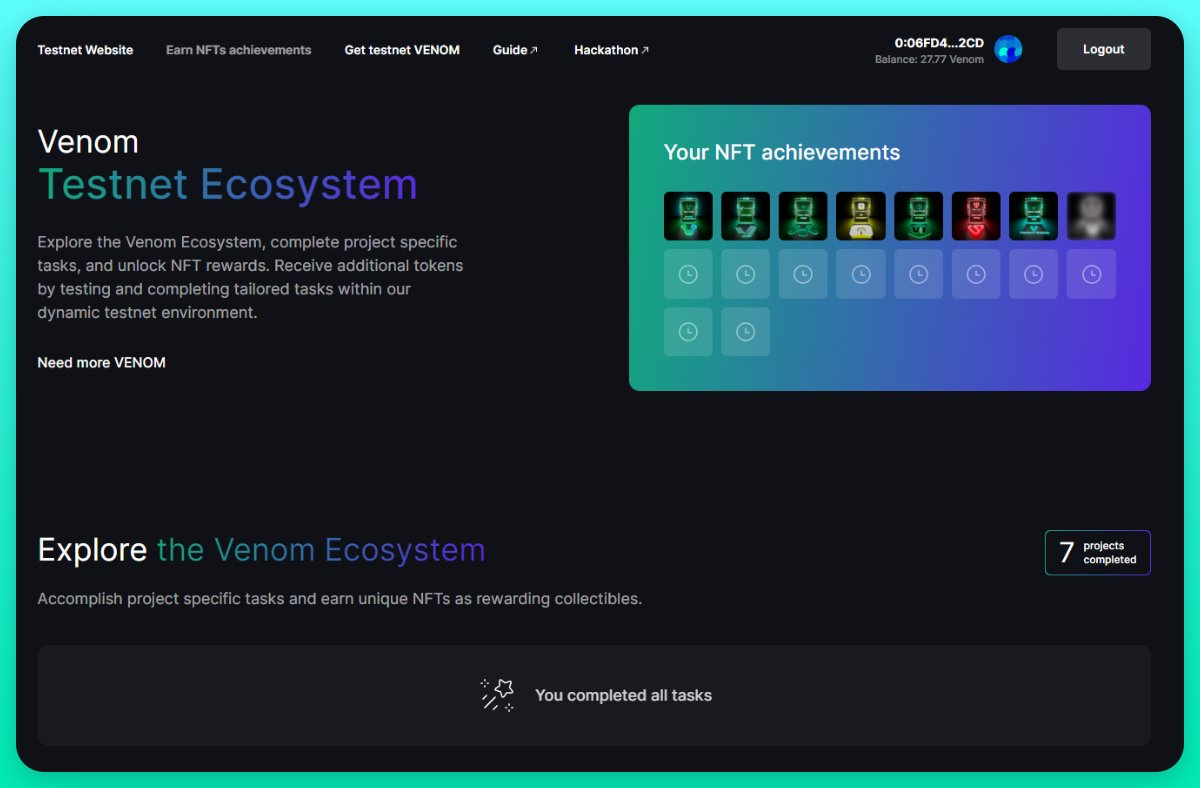 1/
<a href="/VenomFoundation/">Venom Foundation</a> testnet gets off to a great start 🏁

Some numbers :
🔸More than 250.000 wallet created
🔸About 70.000.000 on-chain tasks
🔸Almost 1.500.000 #NFTs minted
🔸Approx 500k followers on Networks

Don't forget to collect your #NFT

#airdrop #airdrops