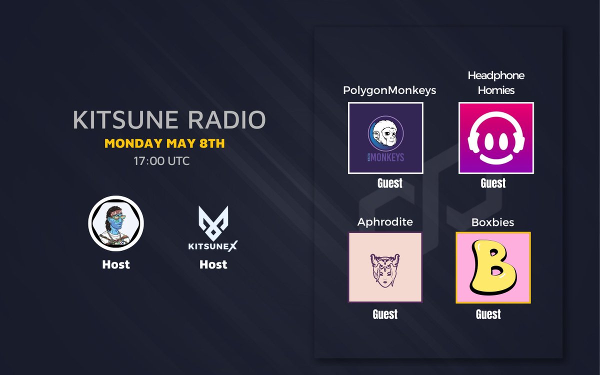 KitsuneXNFT's tweet photo. Kitsune Radio: Unmasked Ep 05
Kitsunes on Polygon FT.
@headphonehomies @boxbies @Aphrodit3_NFT @PolygonMonkeys 

Monday May 8th 17:00 UTC

#WeAreKitsunes https://t.co/Fc0T8v7Dyk
