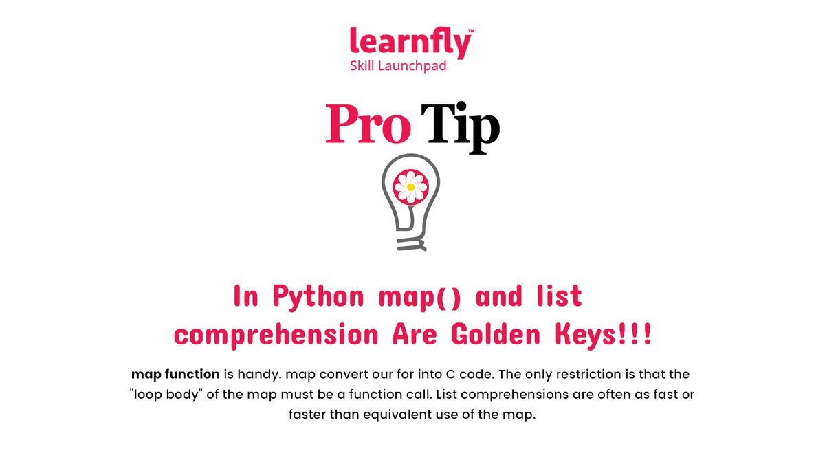 learnfly's tweet photo. Pro tip: In Python, map() and list comprehension are golden keys!! 

#Learnfly #protip #python3 #pythonlearning #python #pythonprogramming #programmingisfun #programmers #mapfunction #map #codingchallenge #coding #codingisfun #dev #developers #softwaredeveloper #java #cplusplus https://t.co/iUX3WnwUmf