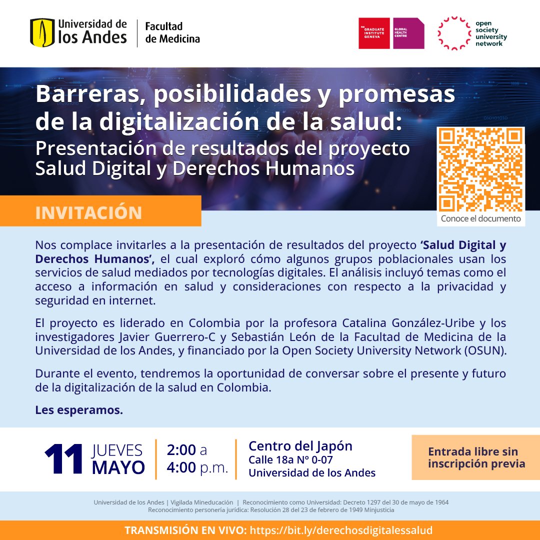 MediUniandes's tweet photo. Jueves 11 de mayo ⬇️
Conozca los resultados de “Salud Digital y Derechos Humanos", proyecto que indagó el acceso a los servicios de salud mediante la tecnología por poblaciones específicas. 

📌Liderado por @catalinagut  @Uniandes y financiado por @opensocietyuniv
¡Les esperamos! https://t.co/ohmQ1SIkc4