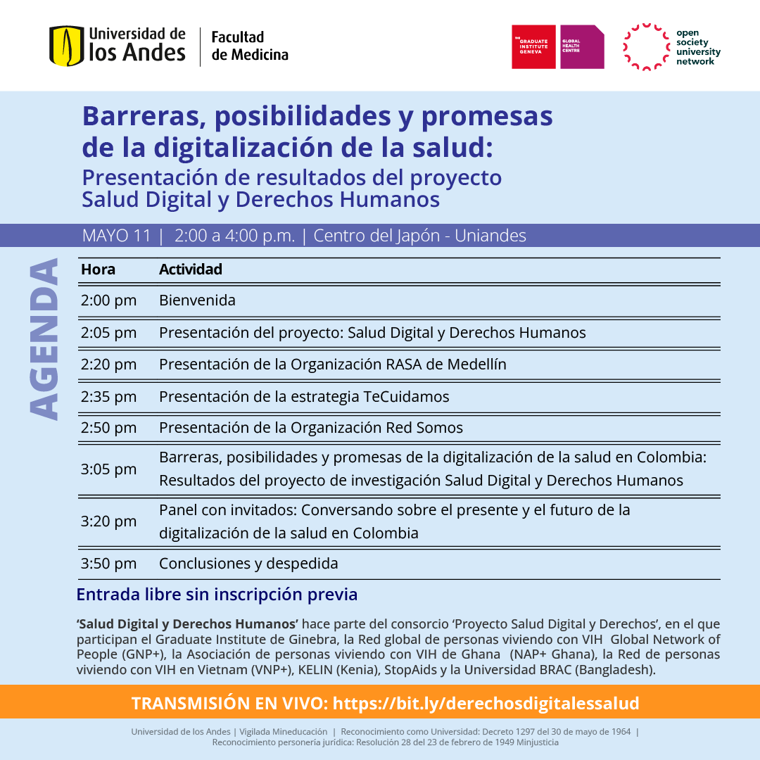 MediUniandes's tweet photo. Jueves 11 de mayo ⬇️
Conozca los resultados de “Salud Digital y Derechos Humanos", proyecto que indagó el acceso a los servicios de salud mediante la tecnología por poblaciones específicas. 

📌Liderado por @catalinagut  @Uniandes y financiado por @opensocietyuniv
¡Les esperamos! https://t.co/ohmQ1SIkc4