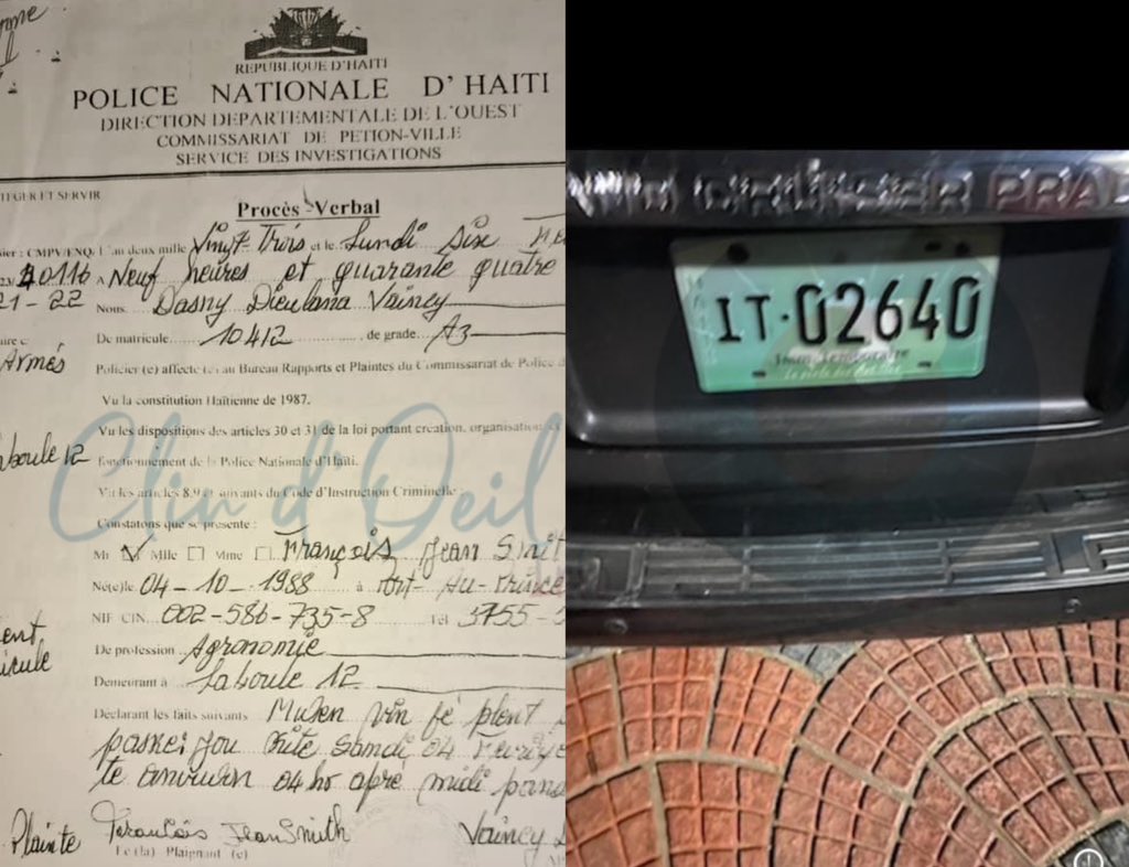 clindoeilinfo1's tweet photo. Le papier du véhicule « Prado gris », immatriculé #IT02640, a été retrouvé à Laboule 12, dans le fief de #TIMAKAK. Selon nos infos, ce véhicule, volé le 4 février 2023, appartient à l’ex-Senateur Francky EXIUS. C’est son chauffeur, François Jn Smith, qui a fait la déclaration de perte, le lundi 6 février dernier, au commissariat de PV et à la #DCPJ.
Juste un clin d’œil !