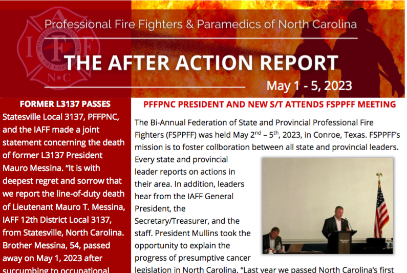 The PFFPNC e-newsletter for May 1-5 is now posted and includes a report from the FSPPFF in which our PFFPNC president and new S/T attended, as well as the sad news from Local 3137 of the passing of a former president.

READ: pffpnc.org/newsletters/