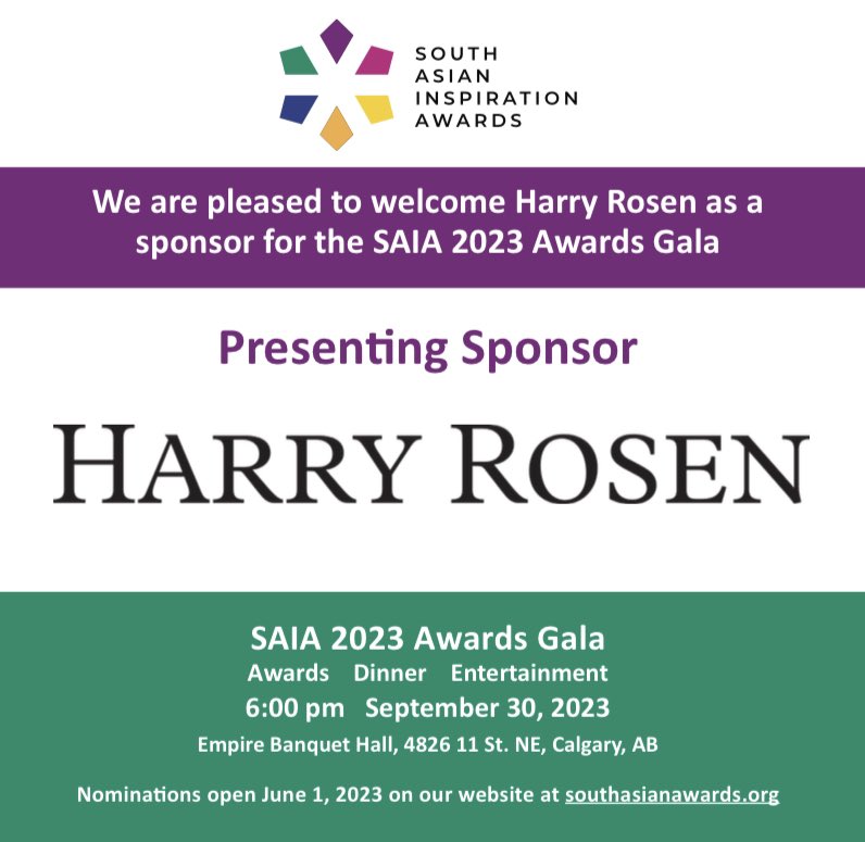 SAIACalgary's tweet photo. Excited to be partnering with @harryroseninc, the iconic Canadian menswear retailer!
Save the dates:
June 1-nominations open
September 30–Awards Gala
#community #communityyyc #southasianyyc #southasianawards https://t.co/42qOR7tfjW
