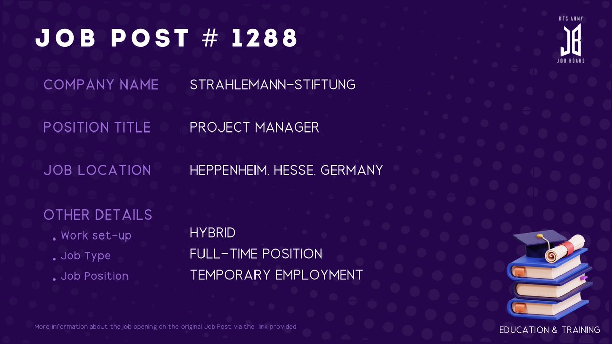 BTSARMYJobBoard's tweet photo. #BAJBGermany
HEPPENHEIM, HESSE, GERMANY
https://t.co/uXrXz6SZLg
#BAJBEducation
ARMYs, kindly contact the job poster / hiring party directly for more information. π€
Good luck! π https://t.co/tPurSQlK4j