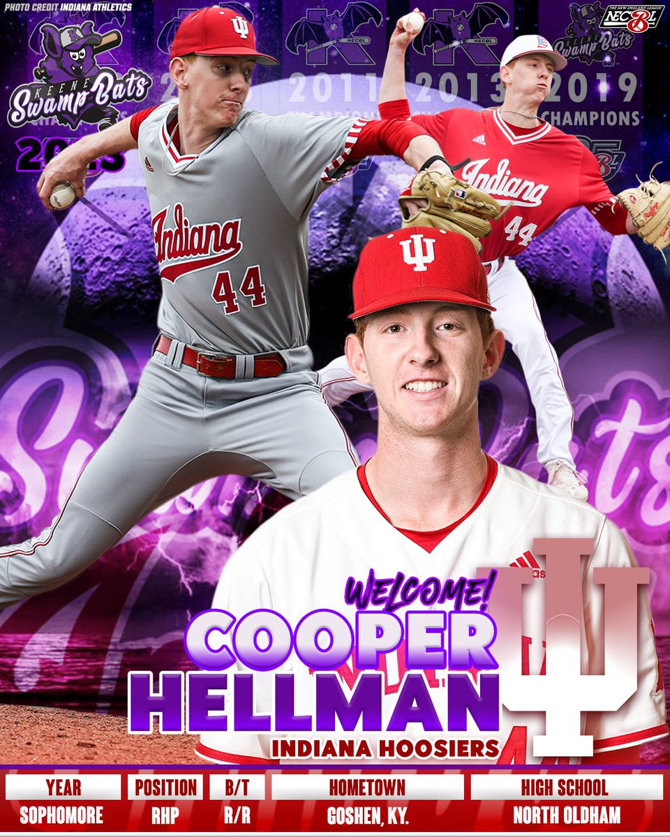 swampbats_keene's tweet photo. One other @IndianaBase product coming to Alumni this summer is @cooperhellman_!  A Kentucky native who started his career at Western Kentucky, he has made six appearances on the mound for the Hoosiers this year, including scoreless innings at Auburn, Texas, and East Carolina. 🦇 https://t.co/8EsHzuJnah