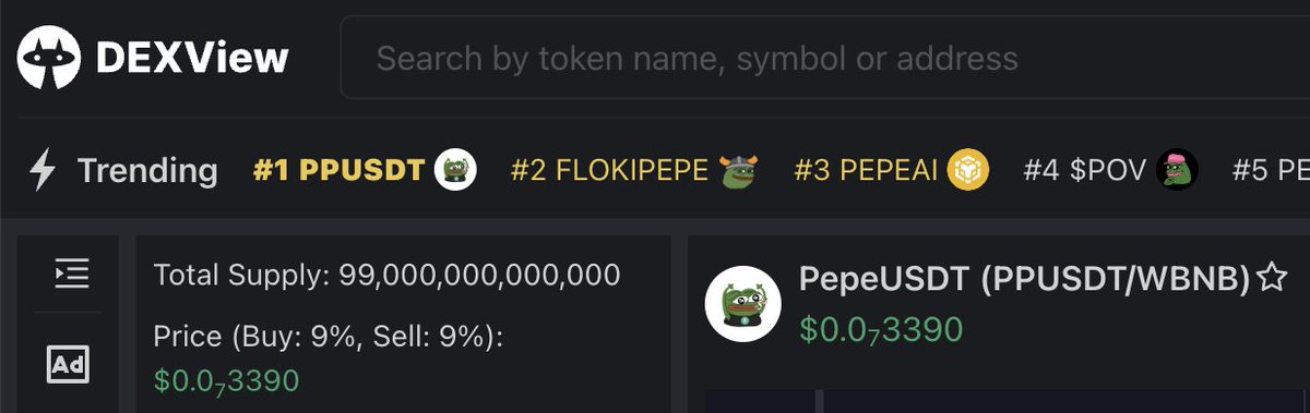 pepeusdt's tweet photo. #PEPEUSDT #PPUSDT IS TOP 1 TRENDING ON DEXVIEW!

BUY PEPEUSDT AND F*CK THE PUPPIES!!

#Crypto #cryptomarket #cryptocurrency #Pepe #pepecoin #MemeCoinSeason #memecoins #Memecoin #token #BSC #BSCGEM #BSCGemAlert #BinanceSmartChain #usdt https://t.co/a0eSfO4E9F