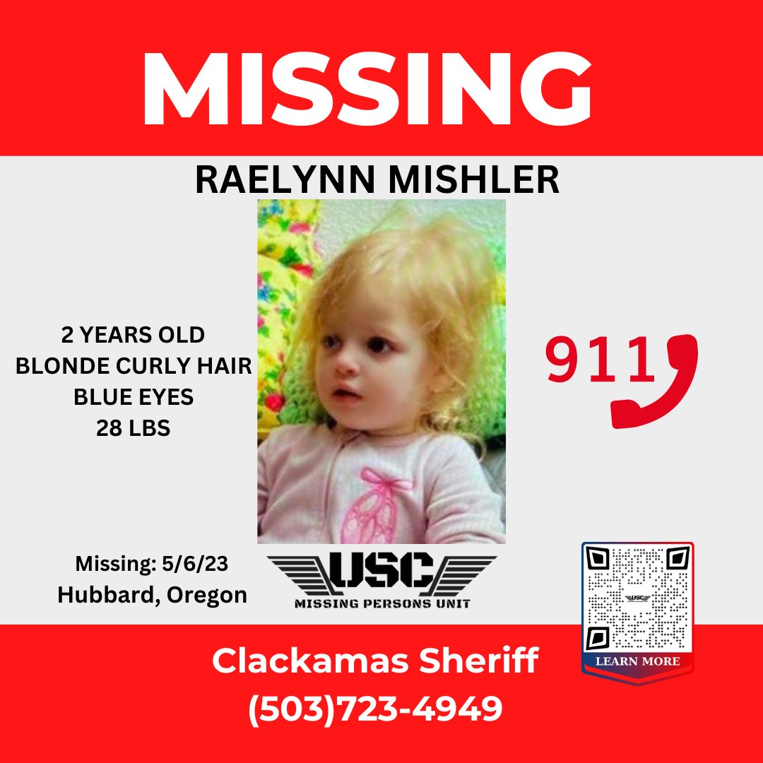 UnitedSearchCo's tweet photo. 2yr old Raelynn Mishler has vanished from Hubbard, Oregon. She was last seen yesterday around 6pm in her front yard wearing pink pajamas. Those pajamas were found on the property. If you're a property owner in the area of Hubbard check your property &amp; CAMERAS ASAP. https://t.co/vRlgCCnptz