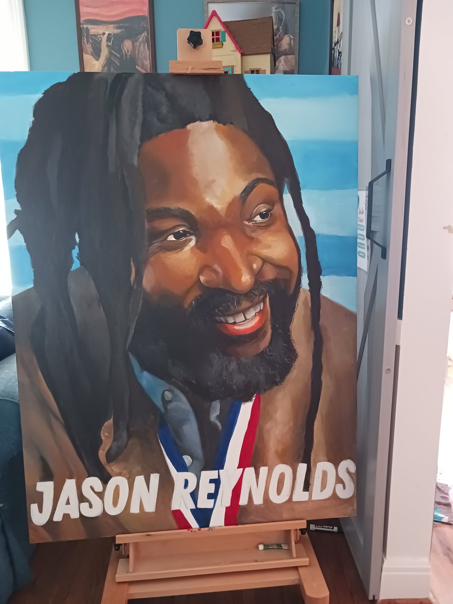 Almost done with the next portrait for our school library. Another one of my very favorite authors. Thank you @JasonReynolds83  for your writing.  

#schoollibrary #painting