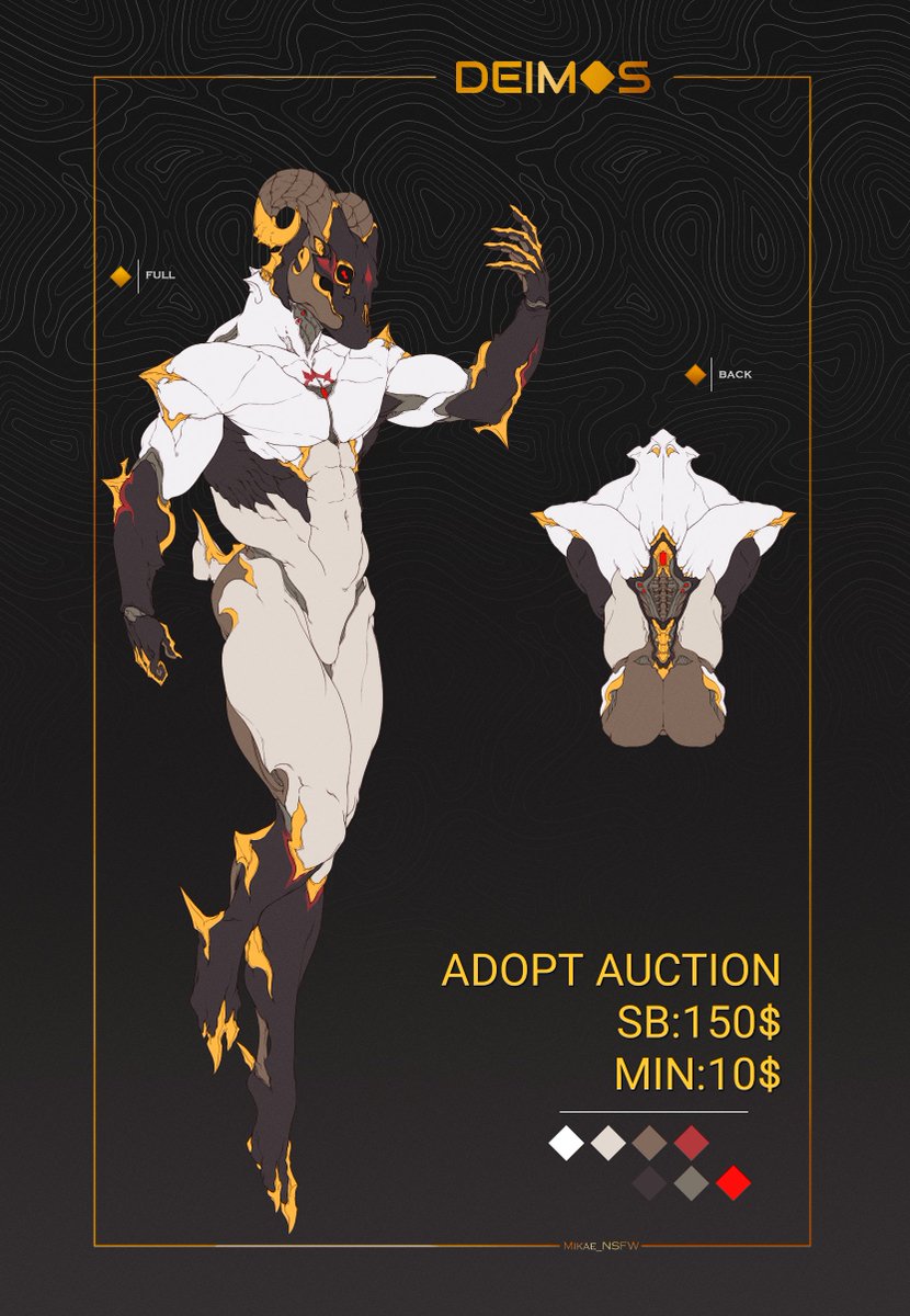 Design adopt!
~Deimos~
SB:150 usd
Min:10 usd
NSFW version included - the type of parts will be discussed with buyer - all are good!
Time: 72h + 24h after last bid
pls bid here: furaffinity.net/view/52060887/  (bids on twitter are ok too but for comfort please use FA)