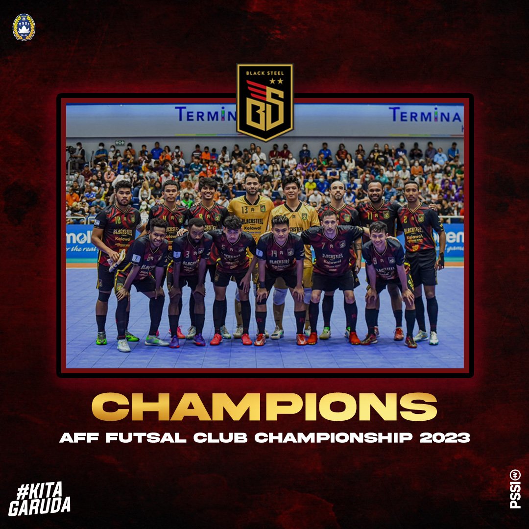 Selamat kepada Black Steel FC sebagai Juara AFF Futsal Club Championship 2023. 🏆

Terima kasih atas perjuangannya telah mengharumkan Merah Putih! ❤️🇮🇩

#KitaGaruda