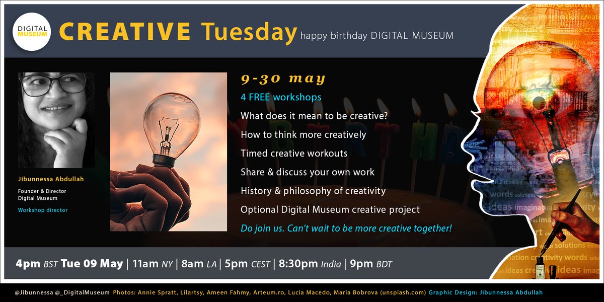 Jibunnessa's tweet photo. CREATIVE TUESDAY
https://t.co/AemDWoopC0
4pm BST, 4 Tues 9-30 May

Join me on Tuesdays for 4 FREE workshops with timed workouts to help you be more creative, discussions about your work, and explorations on what it means to be creative, why be more creative and aspects of history and philosophy of creativity

Plus, I'll give you things to read, watch and do before and between sessions to stimulate all your senses, make random connections and help your creative ideas flow

And there is also the opportunity to contribute to a joint Digital Museum Creative Tuesday project if you submit in time!

#CreativeTuesday #creative #writing #ideas #thought #challenges #connections #workouts #creativity #history #philosophy #drawing #art #design #science #engineering #maths #music #digitalmuseum