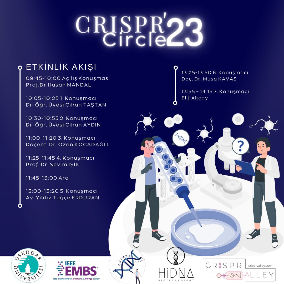 Üsküdar Üniversitesi IEEE EMBS işbirliğinde gerçekleşecek etkinliğimiz *CRISPR Circle* 10 Mayıs Çarşamba günü sizlerle!Konuşmacılarımızın sunumundan sonra Bakteride CRISPR Workshopuna katılım gösterebilirsiniz 🥳 

Workshop’a kayıt olmak ve bilgi almak için crisprvalley@gmail.com