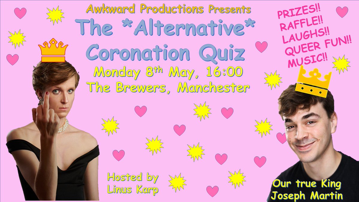 👑TOMORROW👑 As reported on by BBC (💅🏼) our Coronation Comedy Quiz is happening TOMORROW at 4pm at @brewersmcr - full of questions about *alternative* royalty, pop culture, Eurovision and YOU attendees! Book now: 🎟linktr.ee/awkwardprods