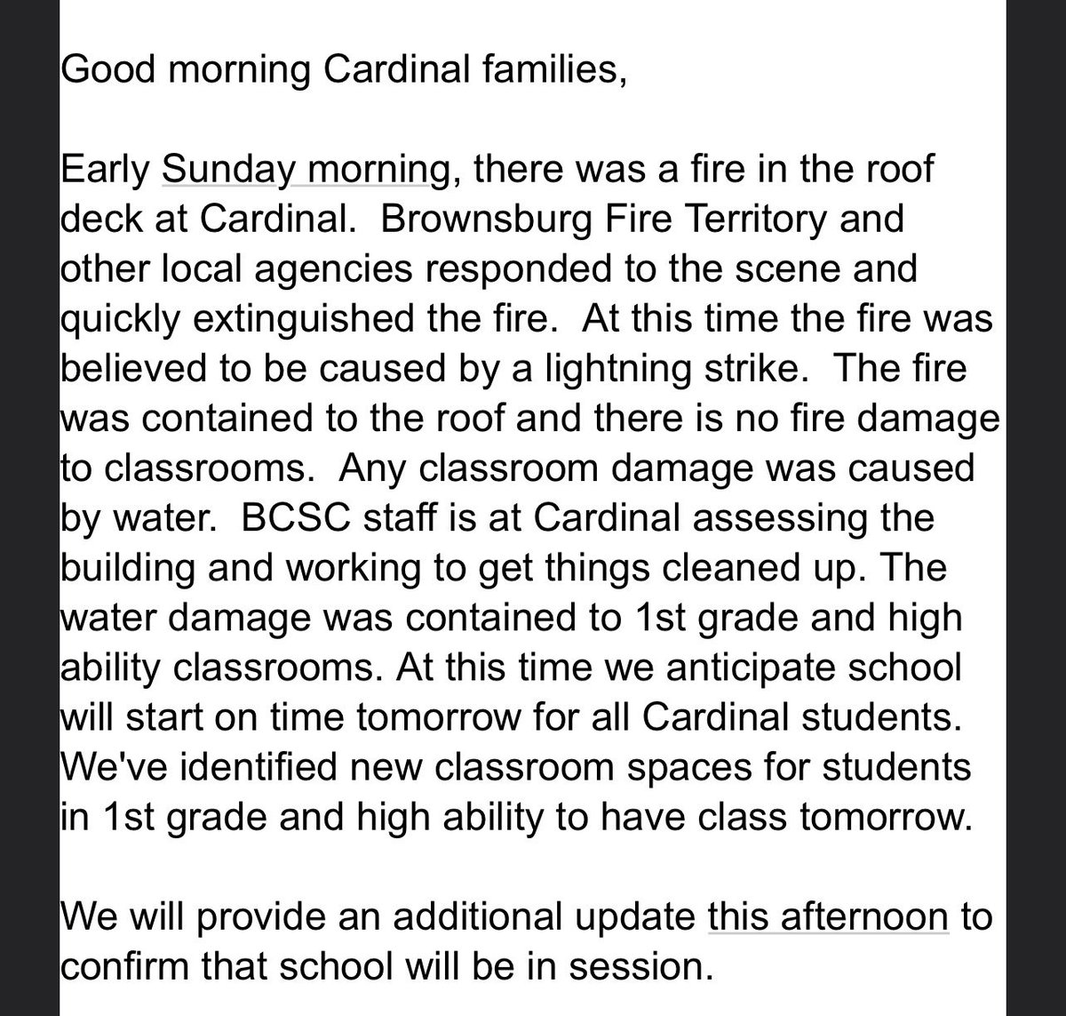 Information on the fire at Cardinal Elementary early this morning.