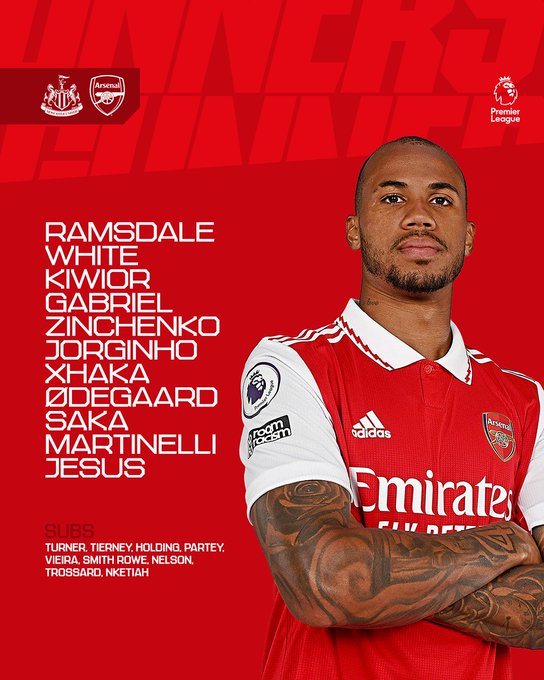 Starting XI: Ramsdale, White, Kiwior, Gabriel, Zinchenko, Jorginho, Xhaka, Odegaard, Saka, Martinelli, Jesus.Substitutes: Turner, Tierney, Holding, Partey, Vieira, Smith Rowe, Nelson, Trossard, Nketiah.