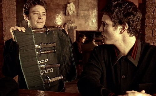 Knives are good, because they don’t make any noise, and the less noise they make, the more likely we are to use them. S**t ’em right up. Makes it look like we’re serious. G**s for show, knives for a pro