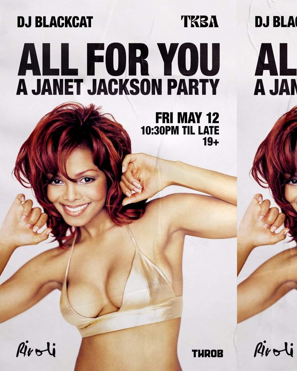Hey #Toronto #JanFam I’m throwing the first ever @JanetJackson dance party this Friday @RivoliToronto! 4 decades of music with @DJBlackcat and a dance performance by @TorontoKiki. Tickets still available here: missjackson.eventbrite.ca #JanetJackson
