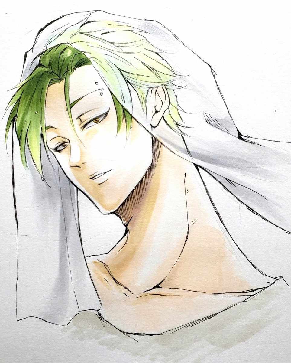 1boy male focus solo green hair towel on head collarbone portrait  illustration images