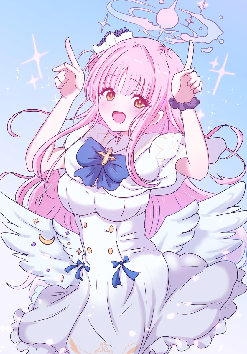 mika (blue archive) 1girl pink hair solo halo wings dress long hair  illustration images