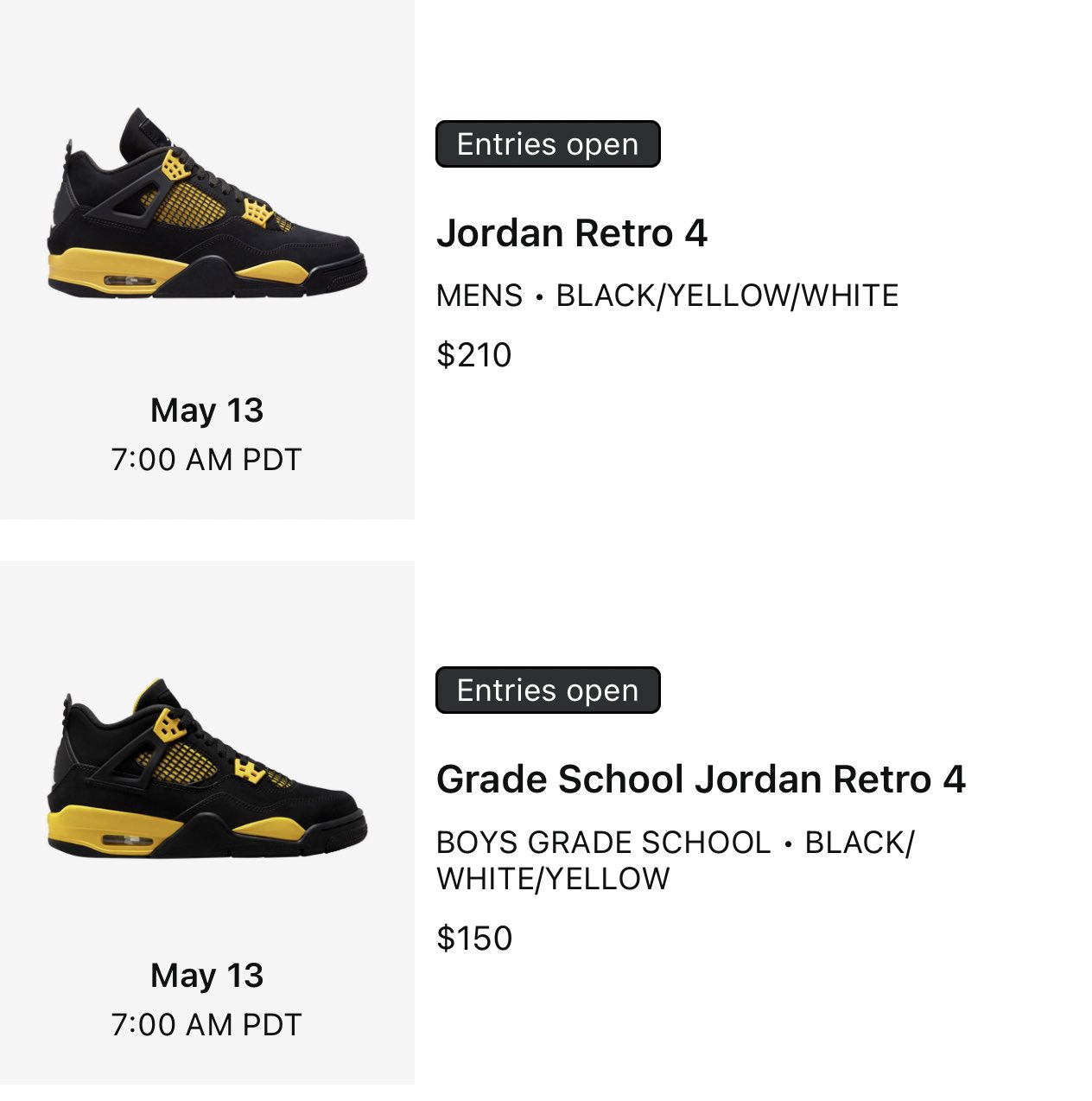 SNKR TWITR on X Jordan Retro 4 Thunder in app reservations open via Footlocker and Champs https t nJZHJ2F27R X